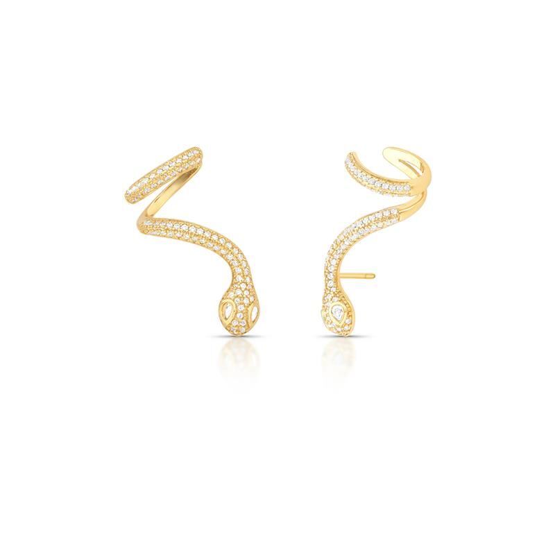 Brinco ear cuff serpente dourado com cristal e zircônia, semijoia antialérgica 18k e 24k de alta qualidade.