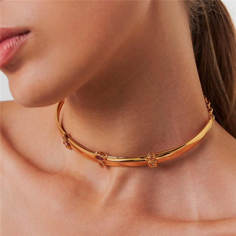 Colar Prisma Aro dourado com pedras de cristal, semi joia antialérgica 18k e 24k de alta qualidade, peso 19,10g, comprimento 35cm.