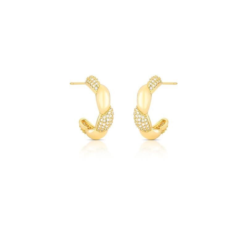 Argola Interli com Zircônias douradas, 2,5cm altura, antialérgica. Semijoias 18k de alta qualidade. Peso: 5,48g.