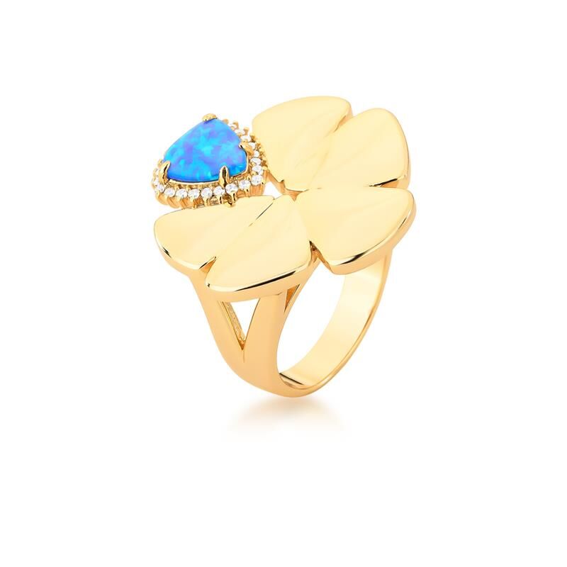 Anel Zuri Arista com cristal e zircônia, semijoia antialérgica 18k e 24k de alta qualidade, banho dourado, peso 6,80g.