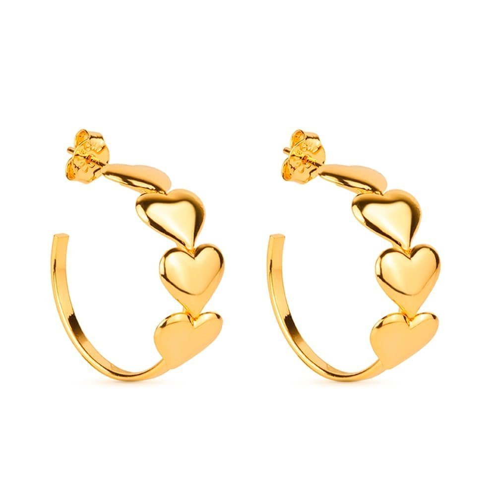 Brinco dourado de argola com 4 corações, semijoias de alta qualidade em 24k, antialérgico, estilo elegante para todas as ocasiões.