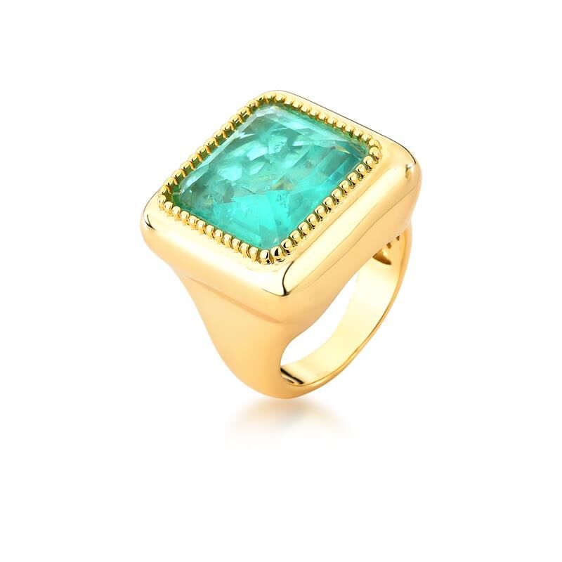 Anel Banhado a Ouro com Cristal Verde Quadrado
