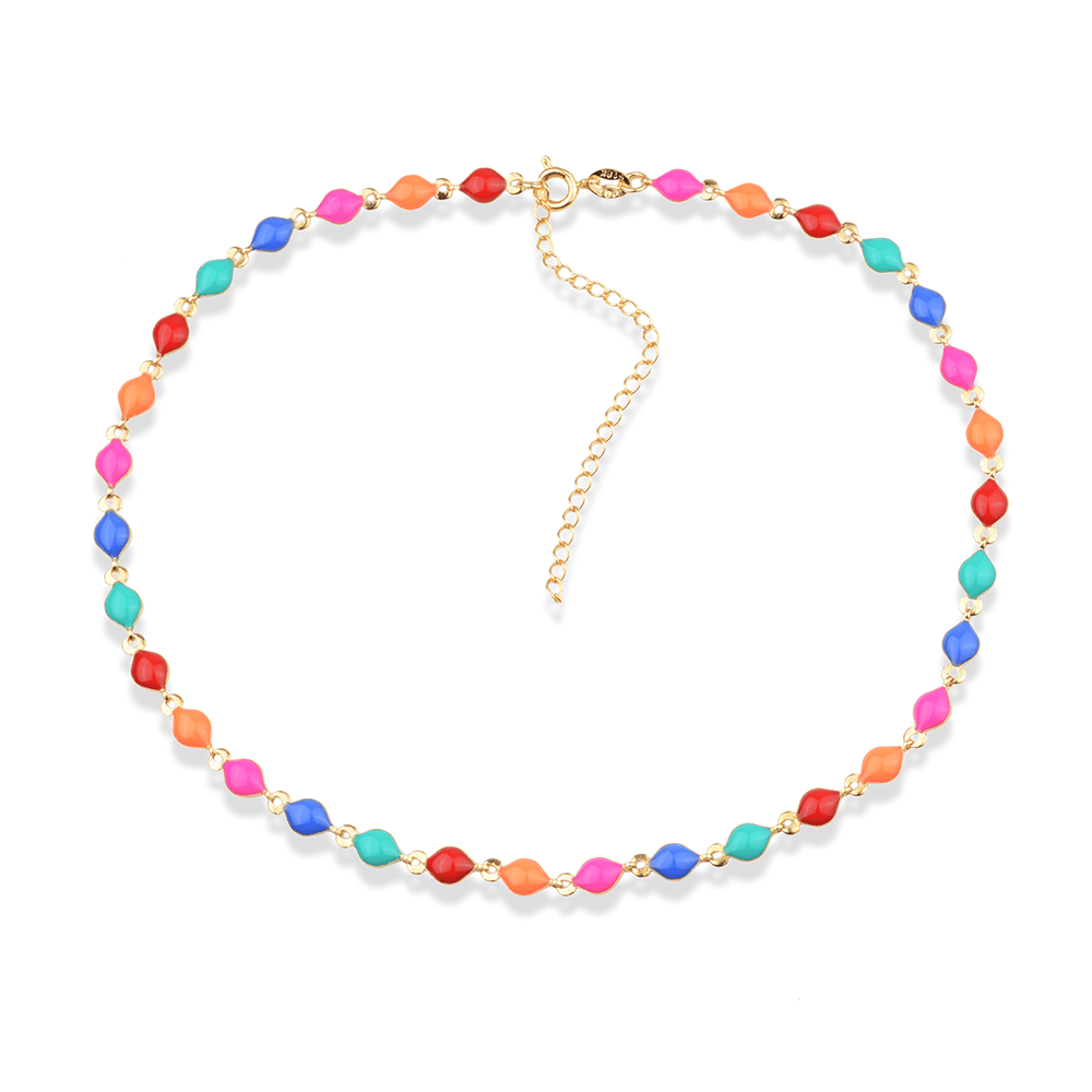 Colar choker dourada colorida com extensor, semijoia antialérgica em 24k, espessura 0,5cm, peso 7g, tamanho 35+8cm.