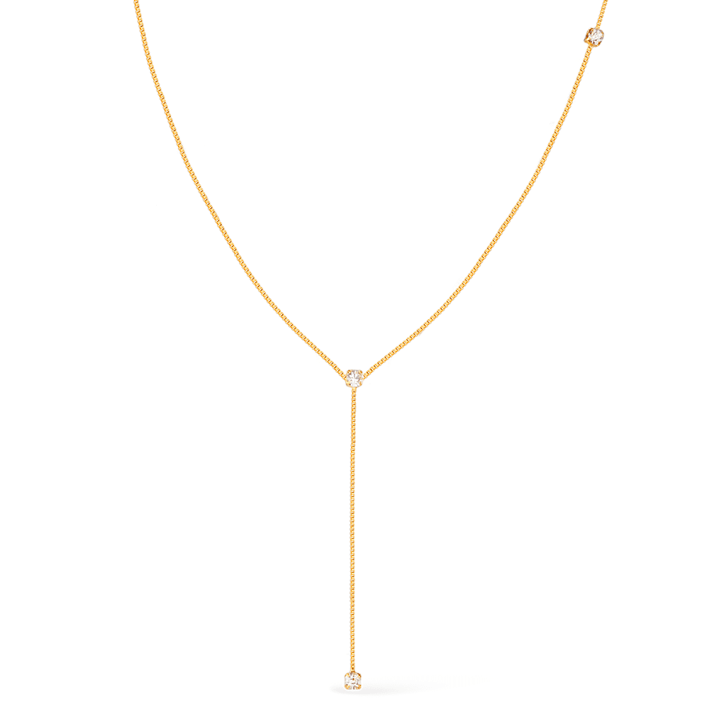 Colar dourado gravatinha com pontos de luz em zircônia, espessura 0,1cm, 10 camadas de ouro 24k, 50cm, semijoias antialérgicas.