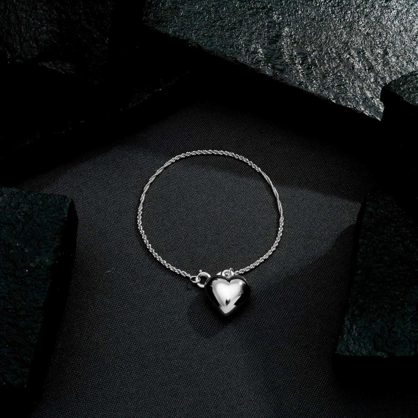 Pulseira Coração Único em Cordão Baiano Prata