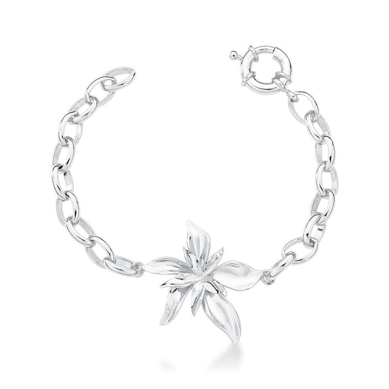 Pulseira Orquídea Prateada com design liso e antialérgico, 19cm, banho de ródio. Semijoias de alta qualidade, ouro em 18k e 24k.