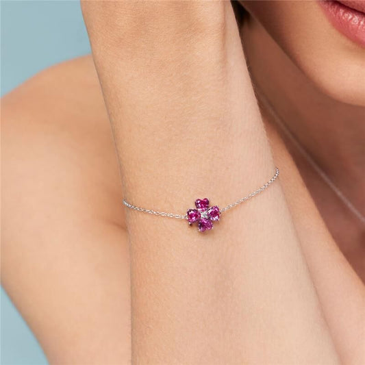Pulseira Prata Flor em Cristais Rosa