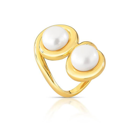 Anel Perla Elegance: semijoia antialérgica dourada com pérola shell, largura 8mm e peso 8,04g, qualidade 18k e 24k.