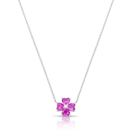 Colar Prata Flor em Cristais de Coração Rosa