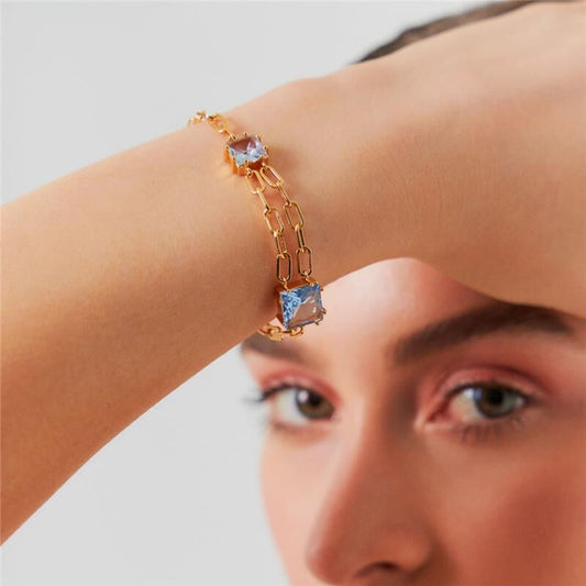 Pulseira Azulita com cristal dourado, semijoia antialérgica de alta qualidade, ouro em 18k. Comprimento 20cm, 17,40g.