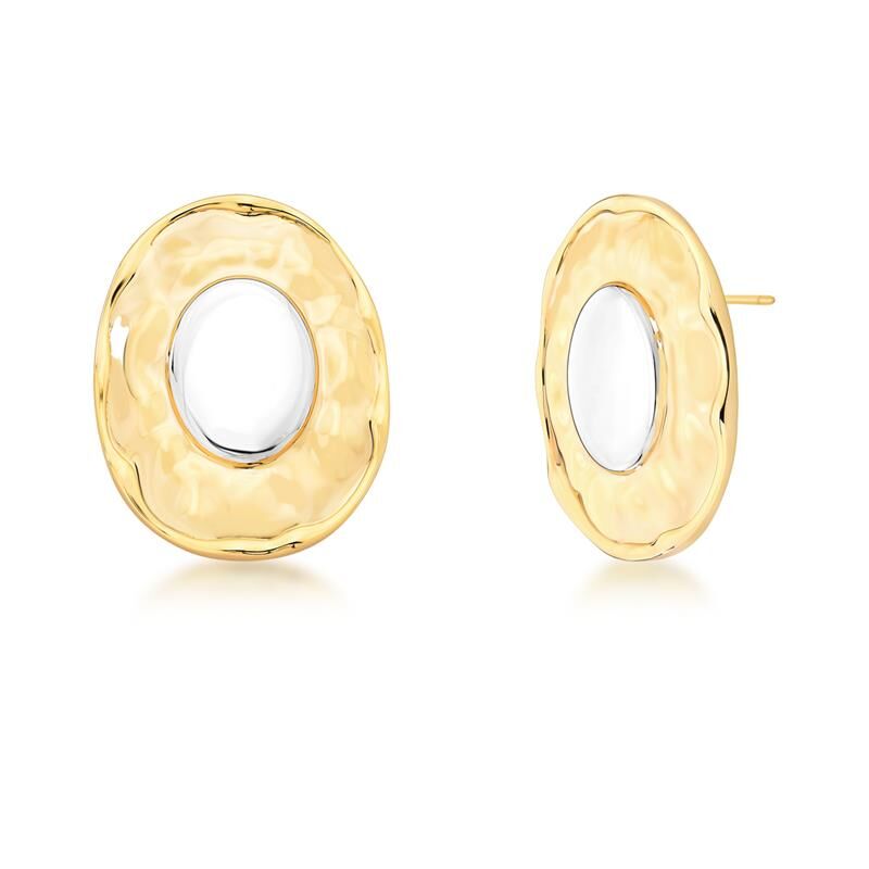 Brinco Solene, semijoias antialérgicas em 18k e 24k, acabamento liso dourado e ródio, peso 26g, 4.2cm altura, 3.3cm largura.