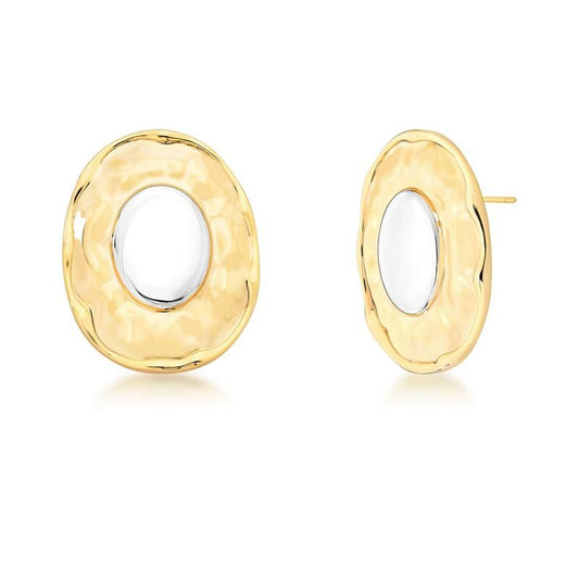 Brinco Solene, semijoias antialérgicas em 18k e 24k, acabamento liso dourado e ródio, peso 26g, 4.2cm altura, 3.3cm largura.