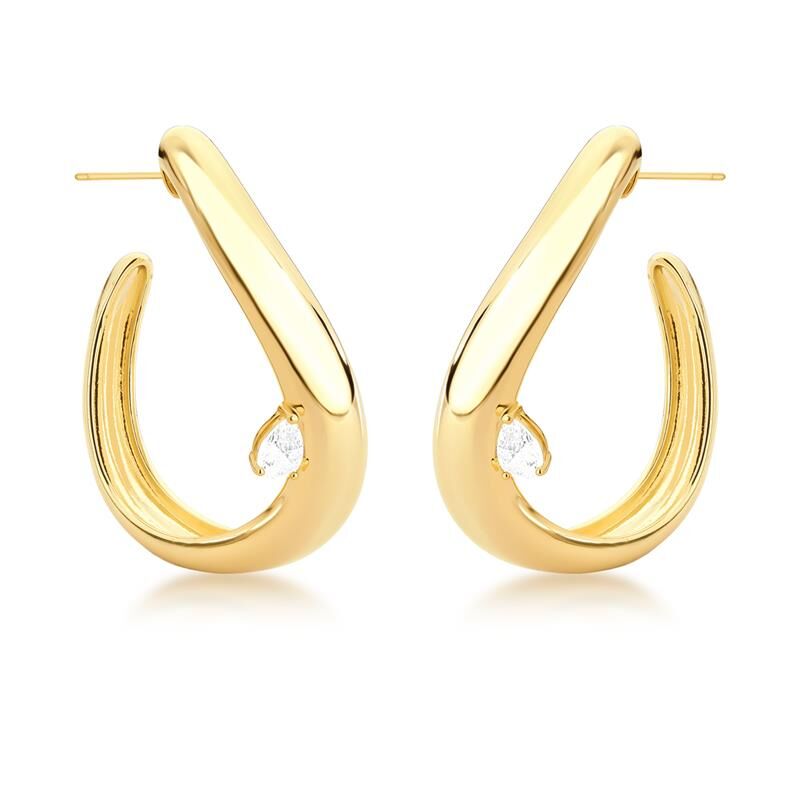 Brincos Argola Ouro Curvo com cristal, semijoias de alta qualidade, material antialérgico em banho de Ródio 18k e 24k.
