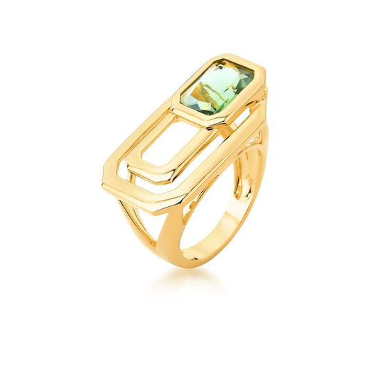 Anel Vertilux semijoia antialérgica com cristal e banho dourado, pesando 6g. Elegância e conforto para peles sensíveis.