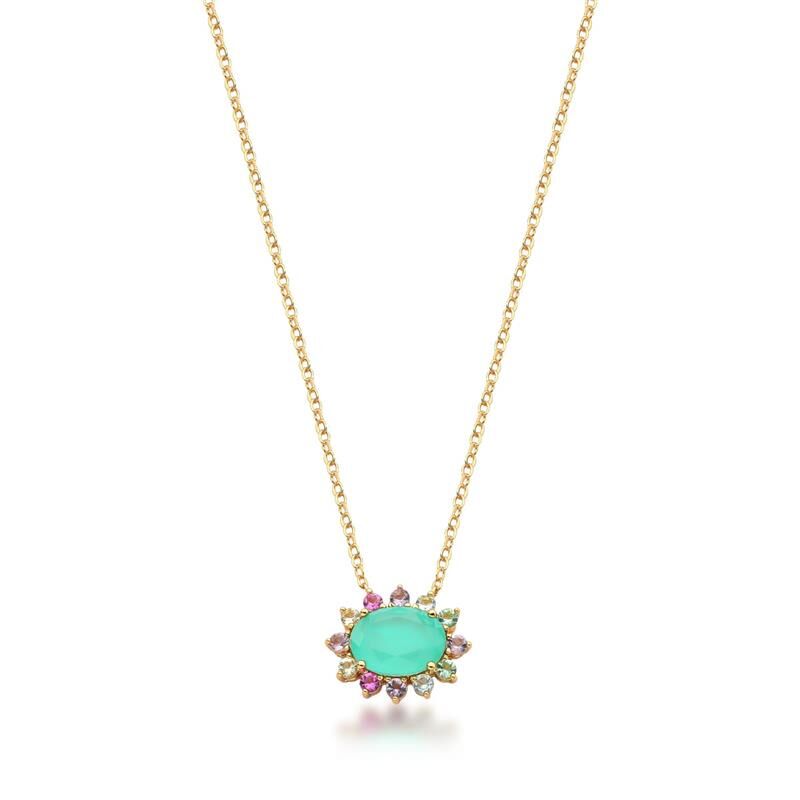 Colar Blue Sun com zircônia, cristal e turmalina, banhado a ouro 18k e 24k. Semijoias antialérgicas de alta qualidade.