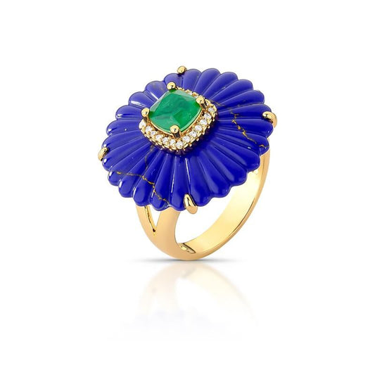 Anel Pavão Cheio dourado com cristal lápis-lazúli, esmeralda e zircônia, semijoia antialérgica 18k e 24k de alta qualidade.