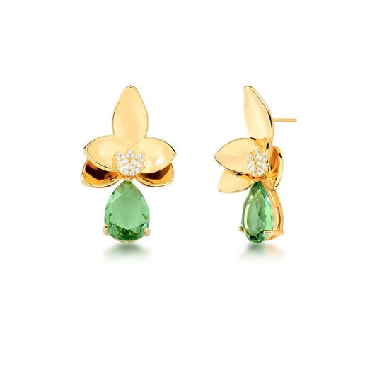 Brinco de Flor com Gota Cristal Verde