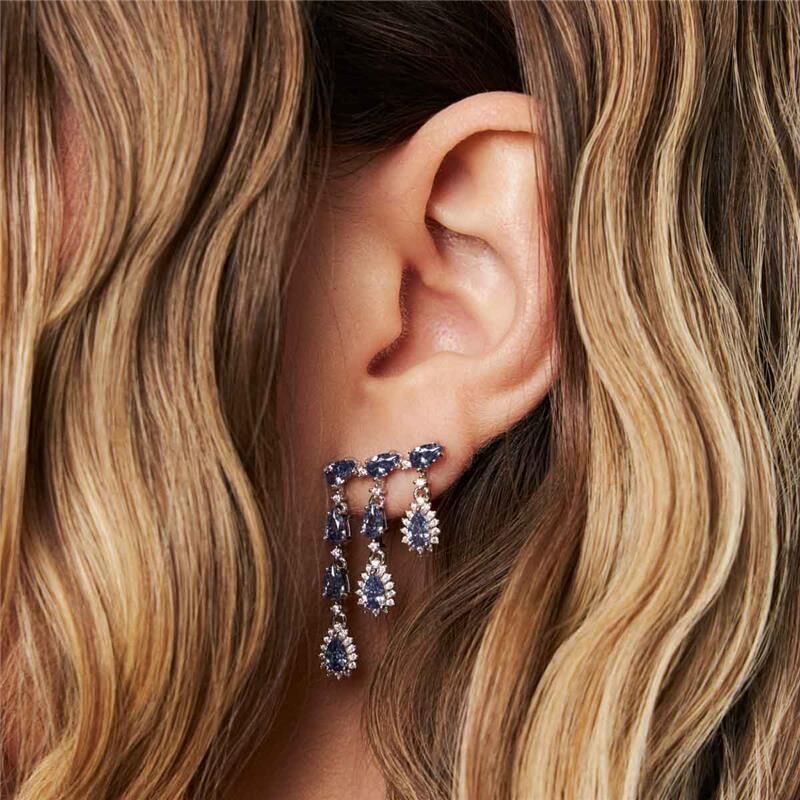 Brinco Ear Cuff Pêndulo com Cristais Roxos Prata 925