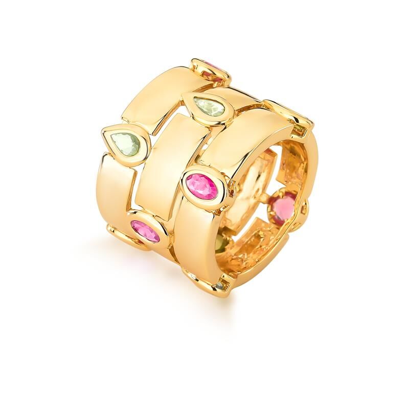 Anel Prisma Trio em cristal com banho dourado, 8,5g. Semijoias de alta qualidade em 18k e 24k, antialérgicas. Elegância e segurança.