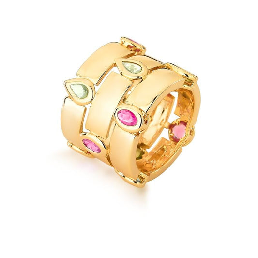 Anel Prisma Trio em cristal com banho dourado, 8,5g. Semijoias de alta qualidade em 18k e 24k, antialérgicas. Elegância e segurança.