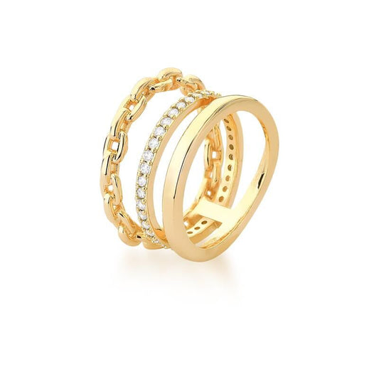 Anel ELO3 dourado com zircônia, peso 4,70g, tecnologia antialérgica. Semijoias antialérgicas em 18k e 24k.