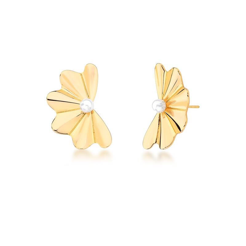 Brincos Brinco Perla Floratta com pérola Shell, banhados em ouro 18k e ródio, semijoias antialergicas de alta qualidade, design floral.