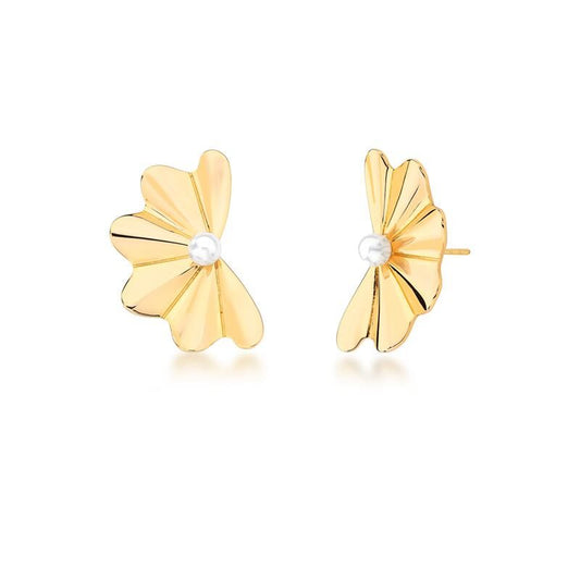Brincos Brinco Perla Floratta com pérola Shell, banhados em ouro 18k e ródio, semijoias antialergicas de alta qualidade, design floral.