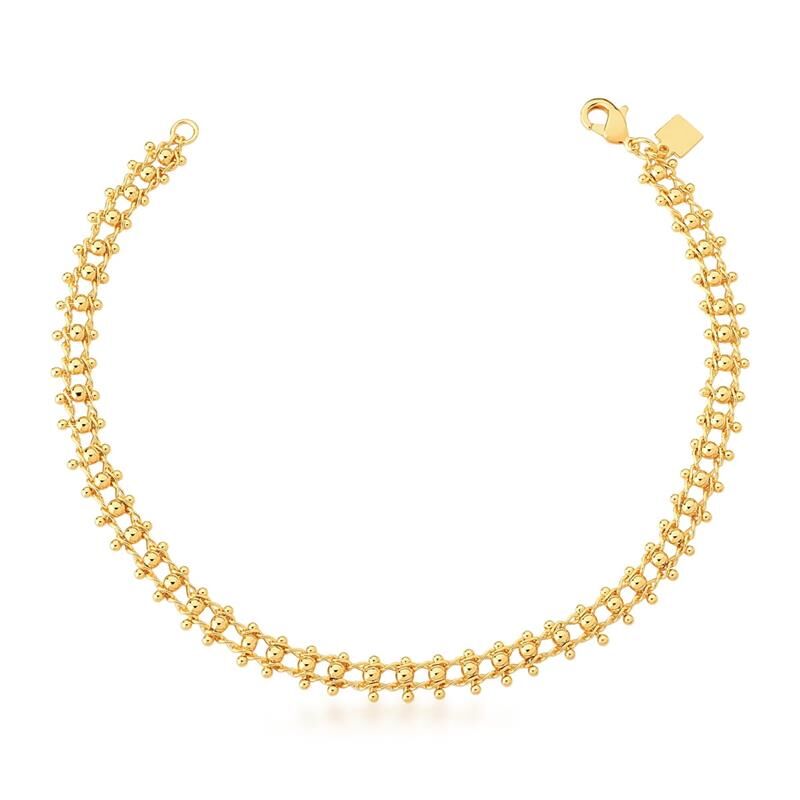 Tornozeleira Dot Gold semijoia antialérgica, 21cm, 5mm largura, dourada, acabamento liso, peso 4,90g.