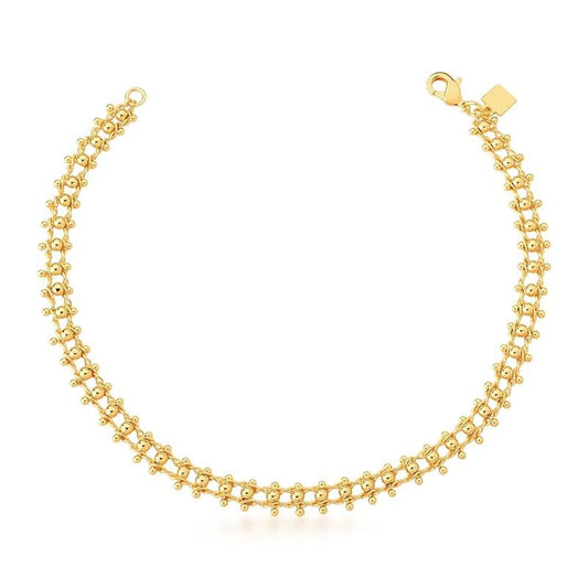 Tornozeleira Dot Gold semijoia antialérgica, 21cm, 5mm largura, dourada, acabamento liso, peso 4,90g.