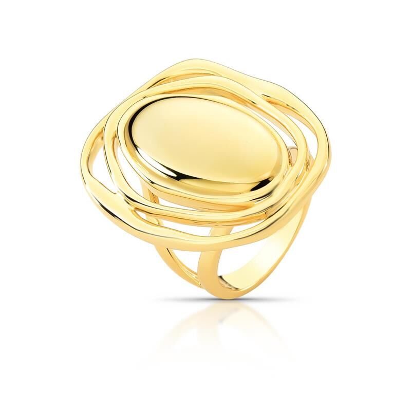 Anel Golden Eye, semijoia antialérgica com banho em dourado 18k e 24k, largura 2,5cm, altura 3,3cm, peso 9,88g.