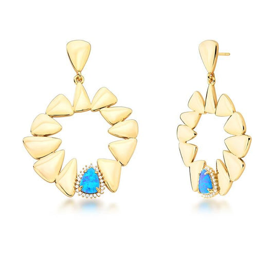 Brinco Zuri Triad em ouro dourado 18k com cristais e zircônia azul, semijoias antialérgicas de alta qualidade, altura 5cm, largura 3,5cm.