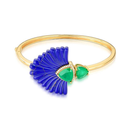 Bracelete Pavão com lápis-lazúli, esmeralda e zircônia em banho dourado. Semijoia antialérgica de alta qualidade em ouro 18k e 24k.