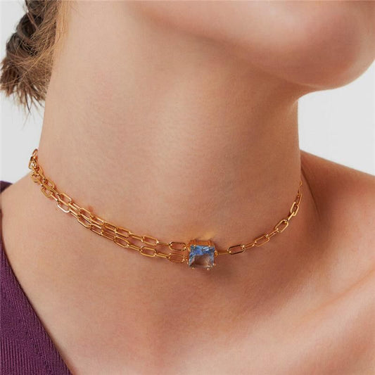 Colar Azulita Elos em dourado com cristal, semijoia de alta qualidade e antialérgica, banhada a 18k e 24k.