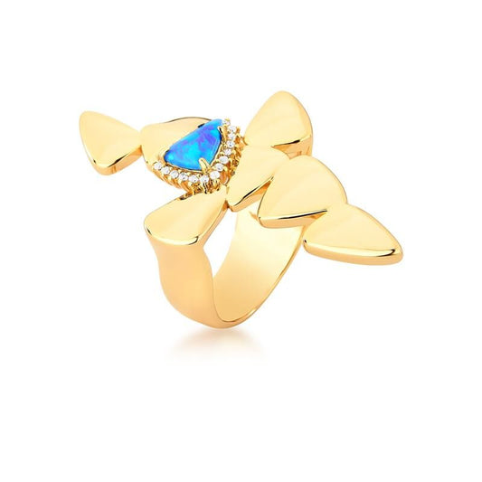 Anel Zuri Triad com cristal e zircônia, semijoia dourada 18k e 24k de alta qualidade, tecnologia antialérgica, peso 7g.