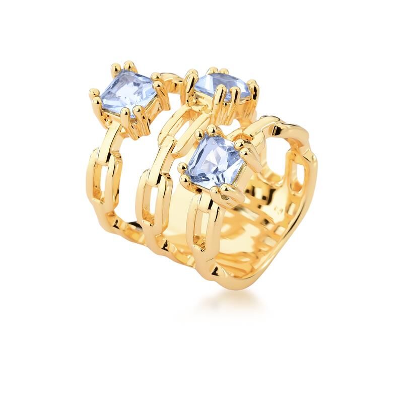 Anel Azulita Square com banho dourado, cristal azul, pesando 11,10g. Semijoias antialergicas 18k e 24k de alta qualidade.
