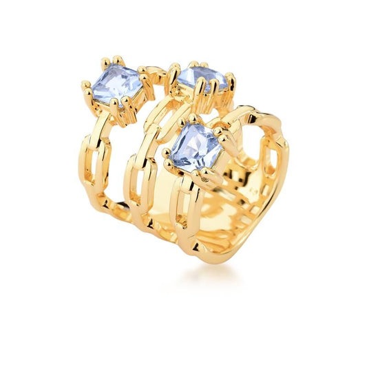 Anel Azulita Square com banho dourado, cristal azul, pesando 11,10g. Semijoias antialergicas 18k e 24k de alta qualidade.