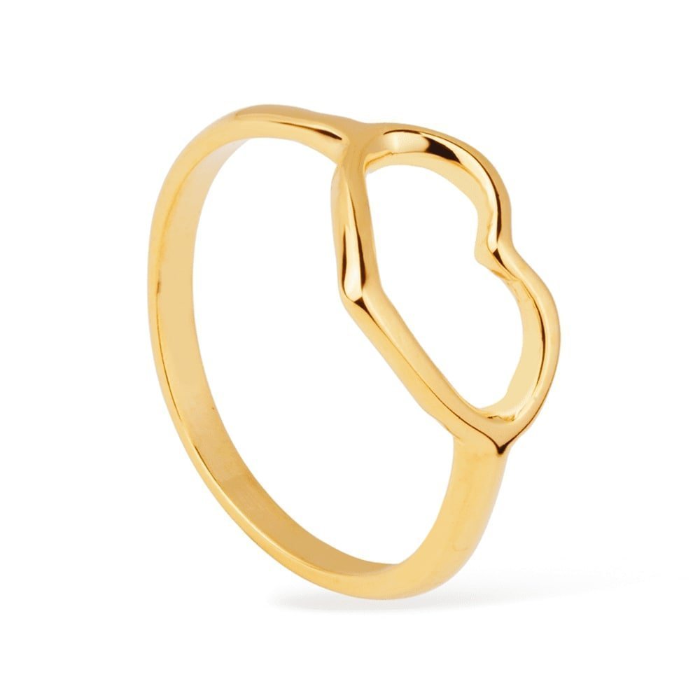 Anel dourado com coração vazado, semijoia de alta qualidade em 24K e 18K, antialérgico, espessura 1,1cm e pedra de zircônia.