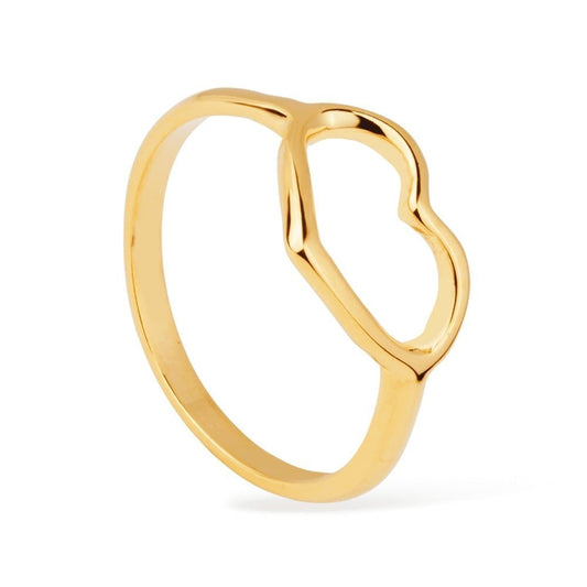 Anel dourado com coração vazado, semijoia de alta qualidade em 24K e 18K, antialérgico, espessura 1,1cm e pedra de zircônia.
