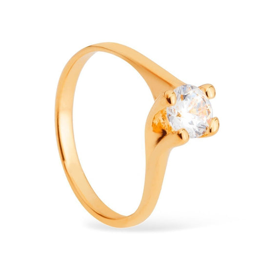 Anel dourado solitário com pedra de zircônia pequena, espessura 0,6cm, banho 24K, semijoias de alta qualidade em 18k e 24k antialérgicas
