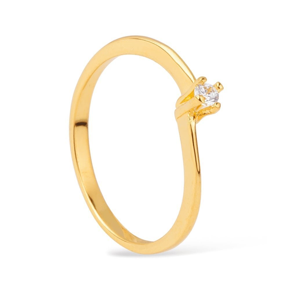 Anel solitário delicado com zircônia, semijoia de alta qualidade em 24K antialérgica, espessura 0,3cm, peso 1,2g, banhado a ouro.