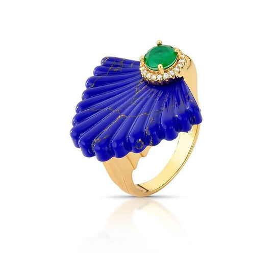 Anel Pavão com cristal lápis-lazúli, esmeralda e zircônia, semijoias antialérgicas em ouro 18k e 24k, banho dourado elegante.