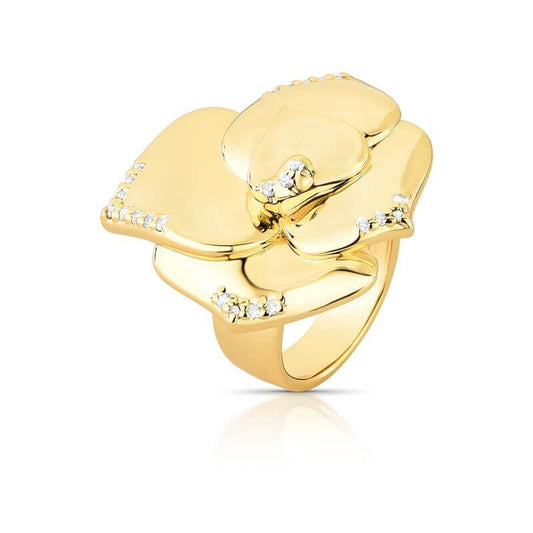 Anel Vera Flor dourado com zircônia, peso 16,30g. Semijoias antialérgicas banhadas a ouro 18k e 24k.