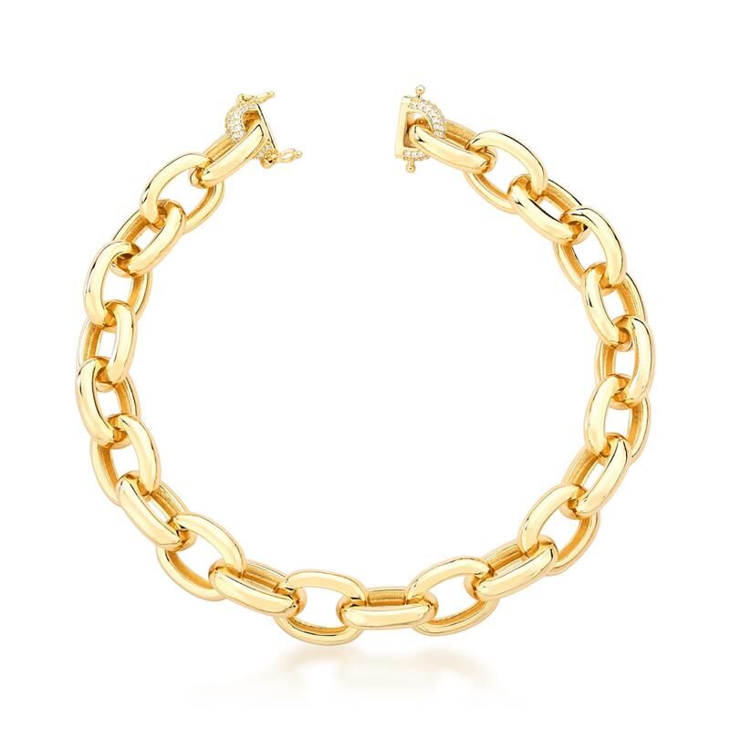 Tornozeleira Glam dourada com banho de ouro, zircônia, peso 36,70g, 25cm, 12mm. Ideal como semijoias antialérgicas elegantes.