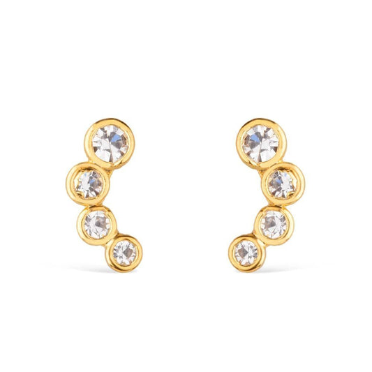 Brinco dourado com 4 zircônias antialérgico em ouro 24K, semijoias de alta qualidade em 18k e 24k, elegante e sofisticado.