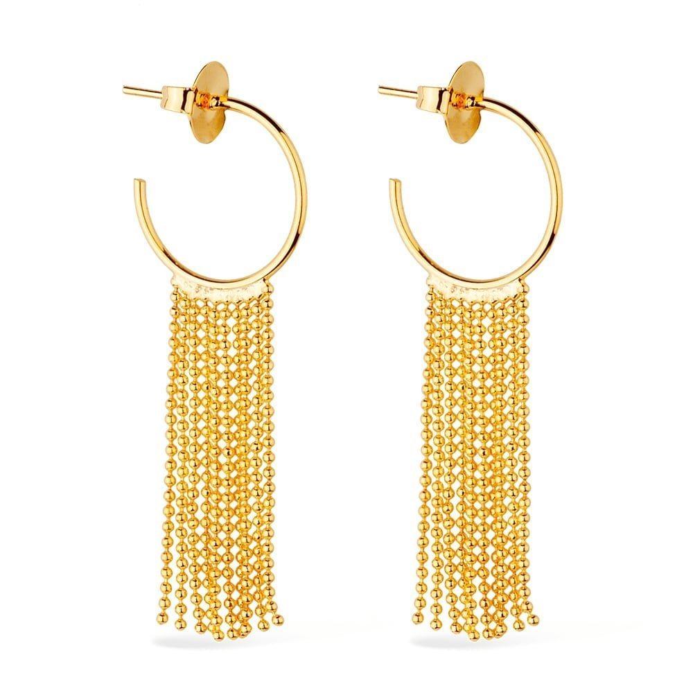 Brinco dourado de argola e franja, semijoias de alta qualidade em 24K, com tecnologia antialérgica, elegante e sofisticado.