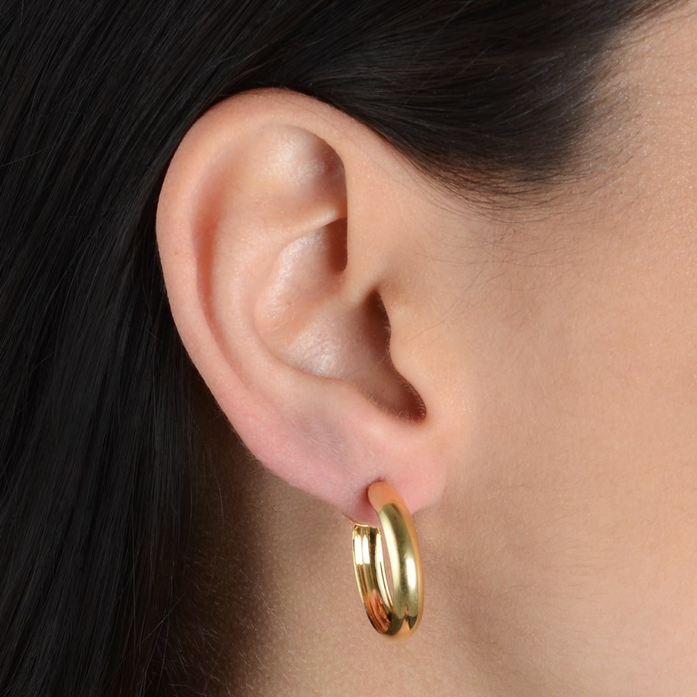 Brinco dourado de argola média lisa em 24K, semijoia antialérgica de alta qualidade, 2cm x 2cm, perfeitas para orelha sensível.