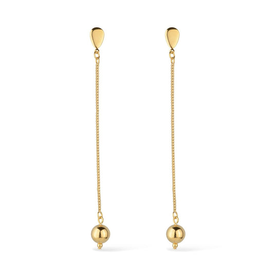 Brinco dourado de corrente com bolinha, semijoias de alta qualidade em 24k, antialérgicas, 10cm de altura, design elegante.