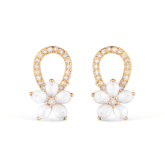 Brinco Flor Cristal com Zircônia e banho de ouro 24K, semijoias de alta qualidade em 18k e 24k antialérgicas, design elegante.