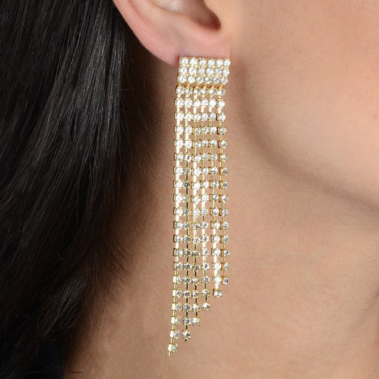 Brinco dourado de luxo com pedras de strass, 8,5cm de altura, semijoias antialérgicas em ouro 24K, qualidade 18k e 24k.