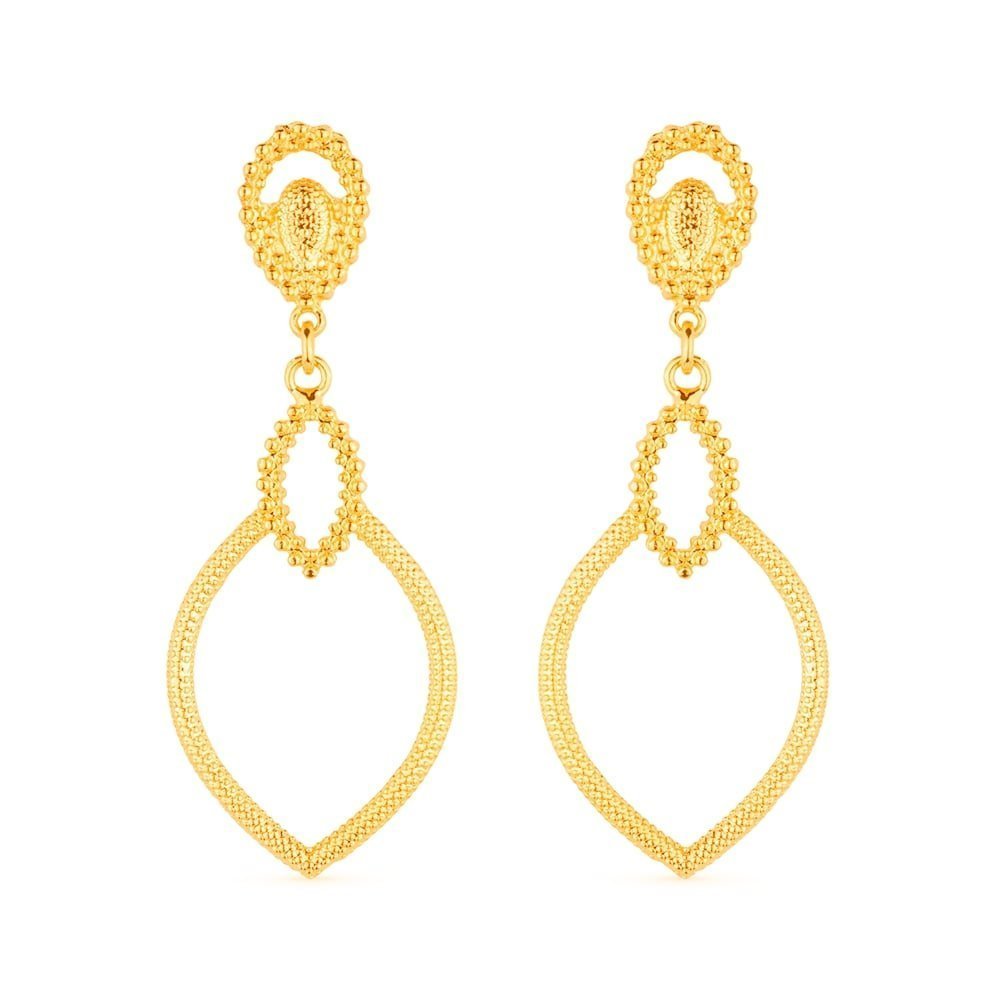 Brinco dourado gota de luxo, 5,7cm altura, 24K, semijoias de alta qualidade, tecnologia antialérgica, banho de ouro 24K, semijoias 18k e 24k antialérgicas.